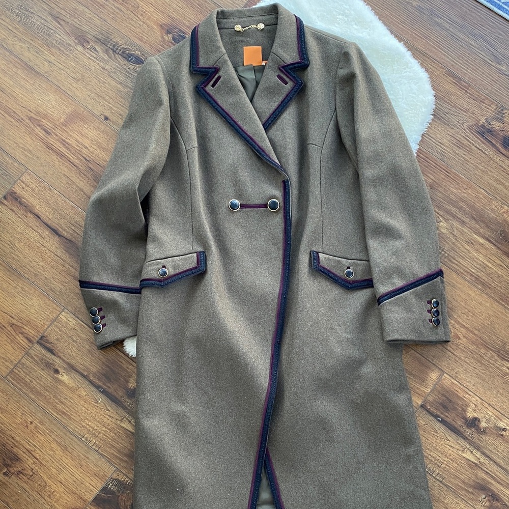 Tory Burch Brown Trench Coat with Black & Purple Trim